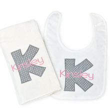 Load image into Gallery viewer, Applique Initial Embroidered Bib and Burp