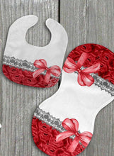 Load image into Gallery viewer, Baby Red Rose and Grey Bow Gift for Girl or Boy - Bib, Burp or Set Red Rose and Grey Bow