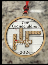 Load image into Gallery viewer, Personalized Scrabble Family Ornament - Custom Engraved Wooden Ornament with Family Names - Unique Holiday Decor or Gift