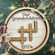 Load image into Gallery viewer, Personalized Scrabble Family Ornament - Custom Engraved Wooden Ornament with Family Names - Unique Holiday Decor or Gift
