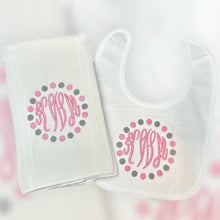 Load image into Gallery viewer, Embroidered Monogram Baby Bib and Burp Cloth Set, Personalized Gift