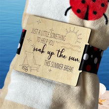 Load image into Gallery viewer, Teacher Beach Towel Gift Tag – Personalized Wooden Tag with Ribbon – End of Year Gift Idea