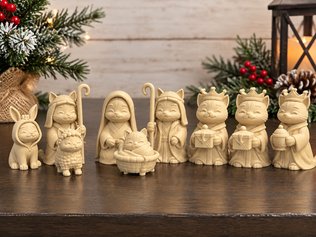 3D Printed Cat Nativity Set – 9 Piece Christmas Figurine Collection