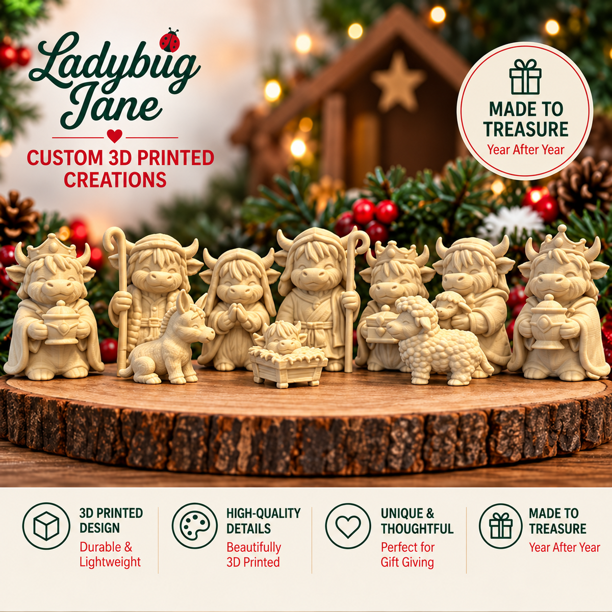 3D Printed Highland Cow Nativity Set – 9 Piece Christmas Figurine Collection