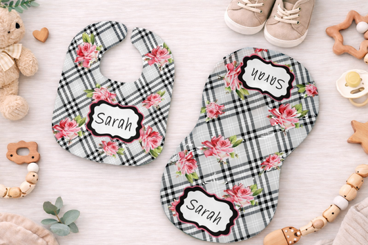 Baby Pink Rose Gift for Girl or Boy  -  Bib, Burp or Set Baby Pink Rose