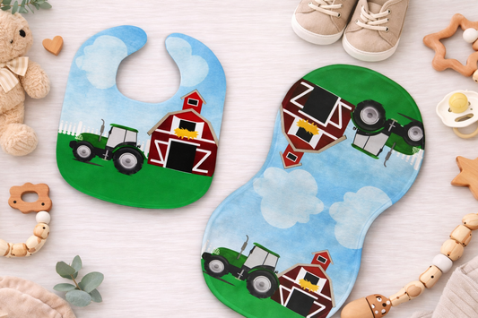 Baby Farm Scene Gift for Girl or Boy  -  Bib, Burp or Set Baby Farm Scene