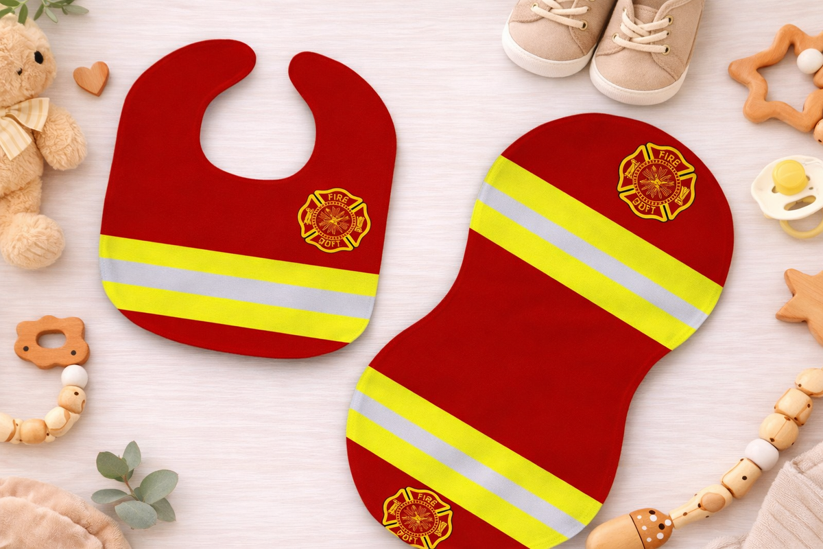 Baby Firefighter Gift for Girl or Boy  -  Bib, Burp or Set Baby Firefighter