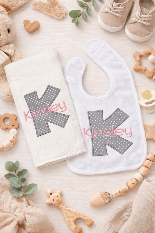 Applique Initial Embroidered Bib and Burp