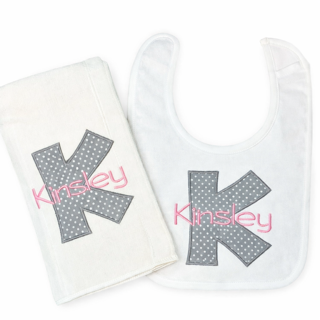 Applique Initial Embroidered Bib and Burp