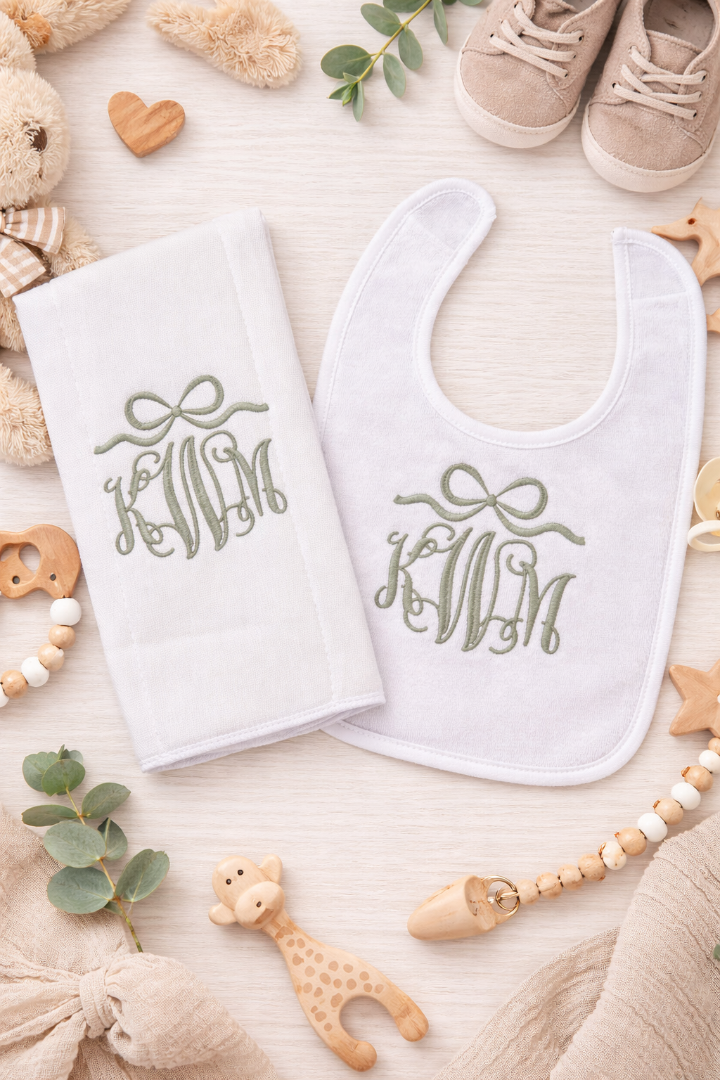 Monogram Circle Frame Embroidered Bib and Burp