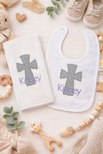 Load image into Gallery viewer, Applique Cross Embroidered Bib and Burp
