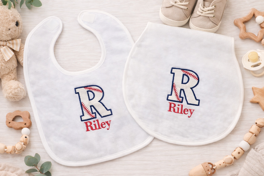 Baseball applique Bib or burp and Set