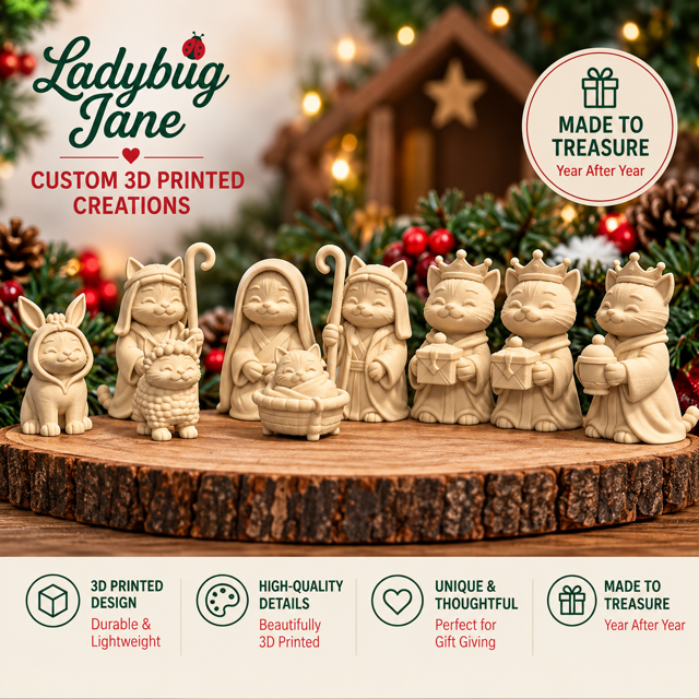 3D Printed Cat Nativity Set – 9 Piece Christmas Figurine Collection