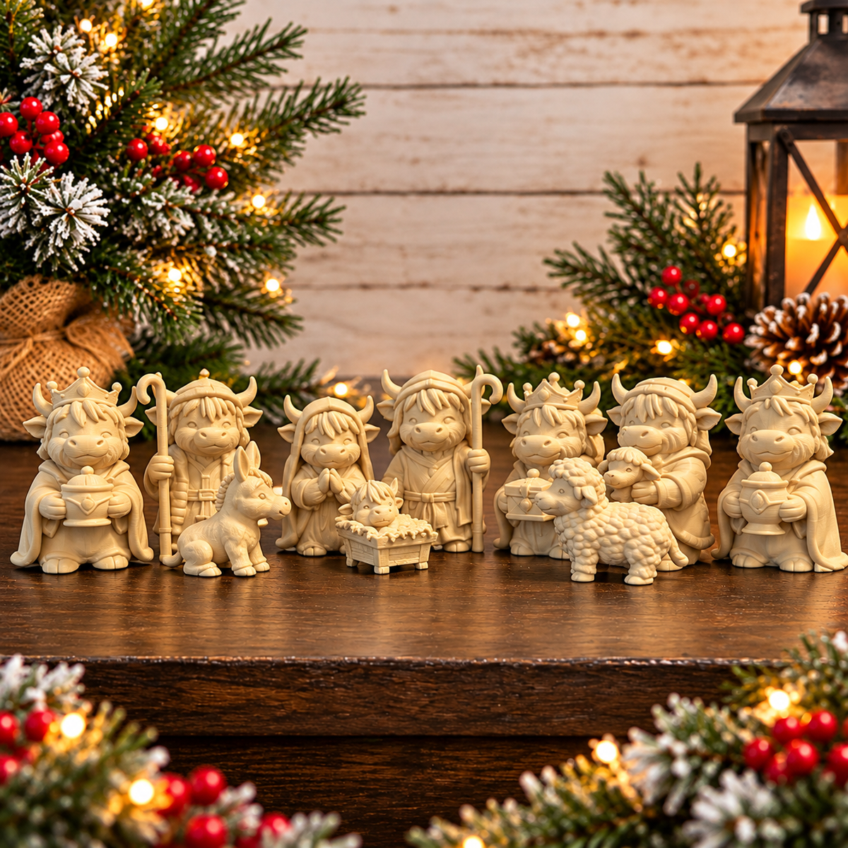 3D Printed Highland Cow Nativity Set – 9 Piece Christmas Figurine Collection