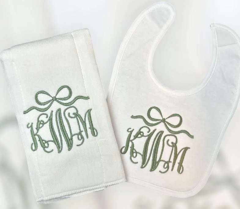 Monogram Circle Frame Embroidered Bib and Burp