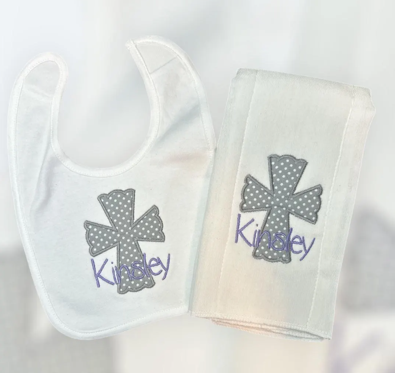 Applique Cross Embroidered Bib and Burp