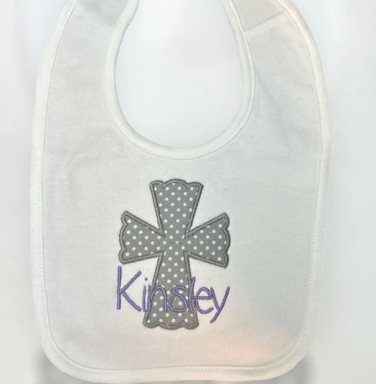 Applique Cross Embroidered Bib and Burp