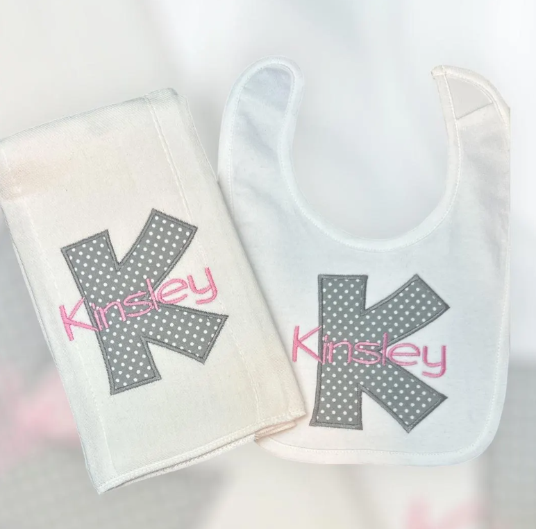 Applique Initial Embroidered Bib and Burp