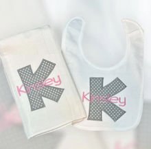 Load image into Gallery viewer, Applique Initial Embroidered Bib and Burp
