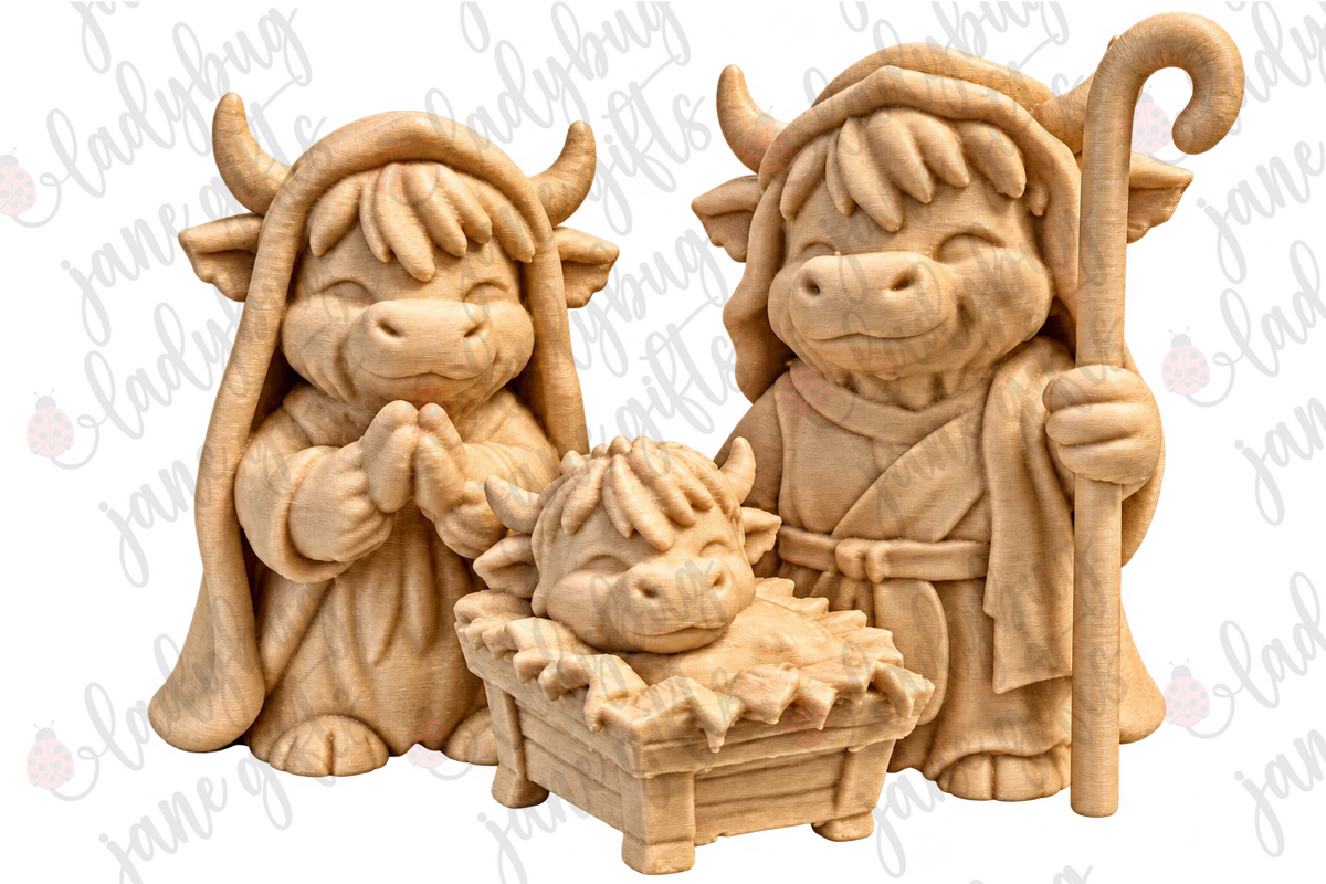 3D Printed Highland Cow Nativity Set – 9 Piece Christmas Figurine Collection