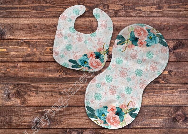 Coral Teal Boho Gift for Girl or Boy  -  Bib, Burp or Set Baby Baby Coral Teal Boho