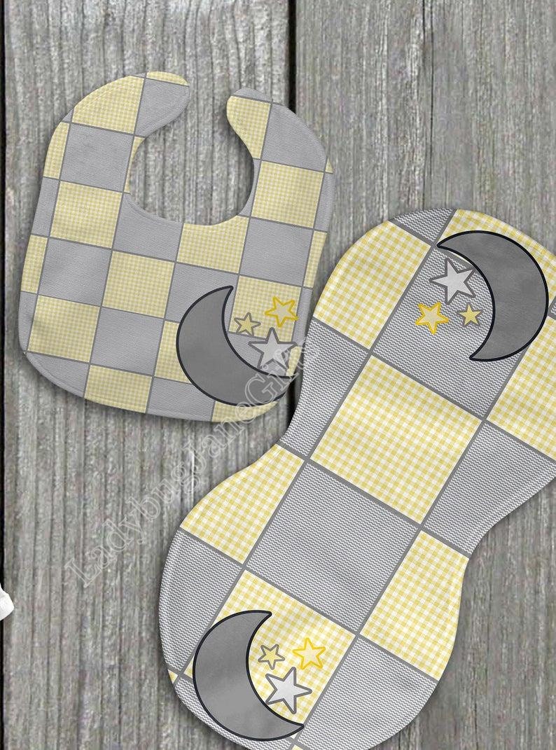 Baby Yellow Grey Moon Gift for Girl or Boy -  Bib, Burp or Set Yellow Grey Moon