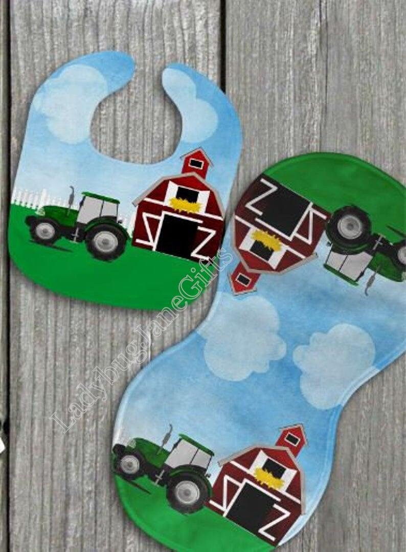 Baby Farm Scene Gift for Girl or Boy  -  Bib, Burp or Set Baby Farm Scene