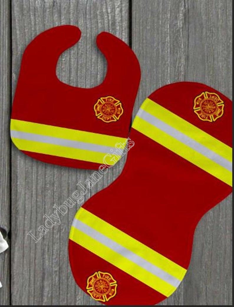 Baby Firefighter Gift for Girl or Boy  -  Bib, Burp or Set Baby Firefighter