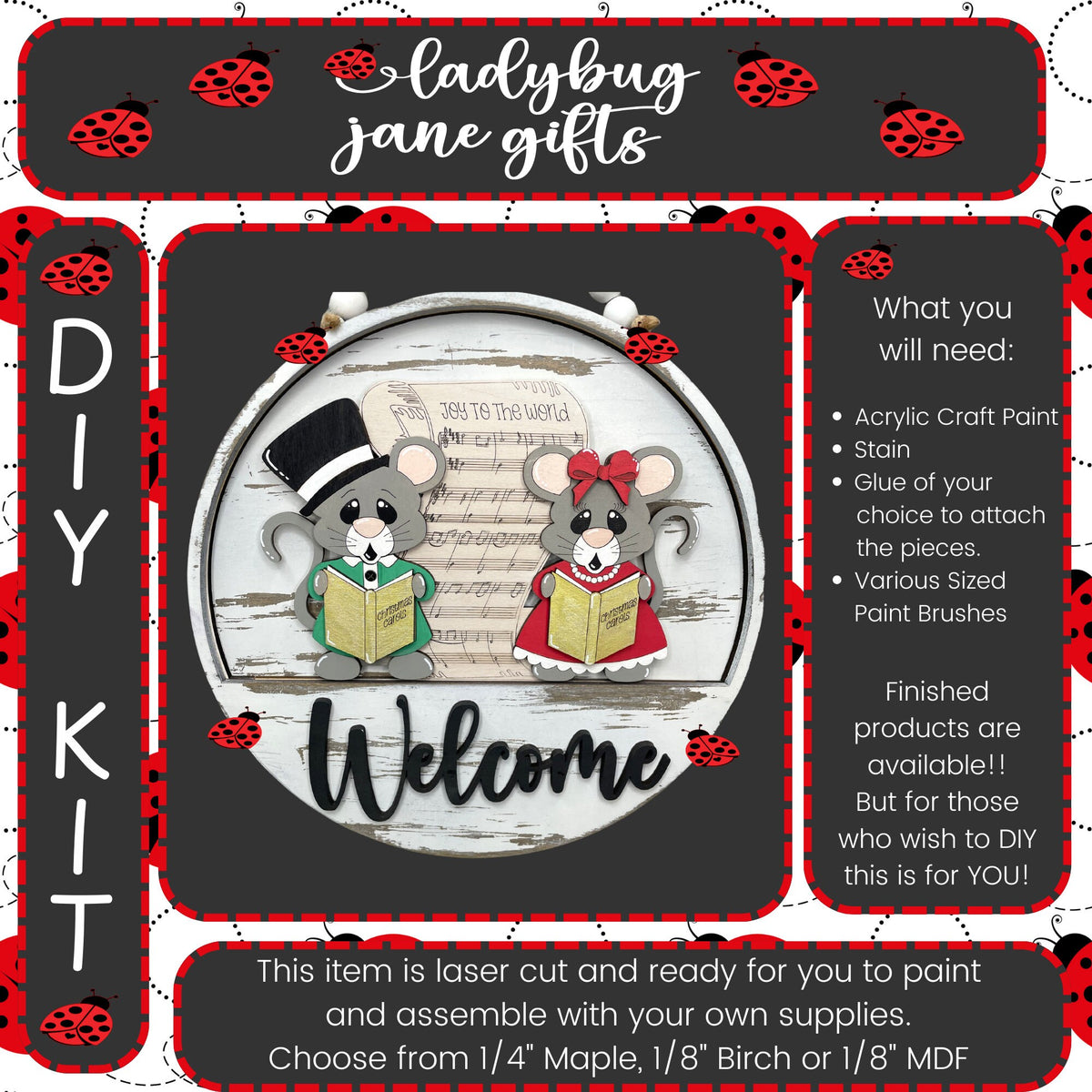 Caroling Mice Interchangeable for 10.5 inch round sign or bread board - DIY Bare Wood Blanks