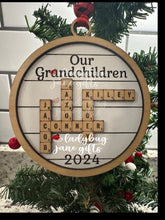 Load image into Gallery viewer, Personalized Scrabble Family Ornament - Custom Engraved Wooden Ornament with Family Names - Unique Holiday Decor or Gift
