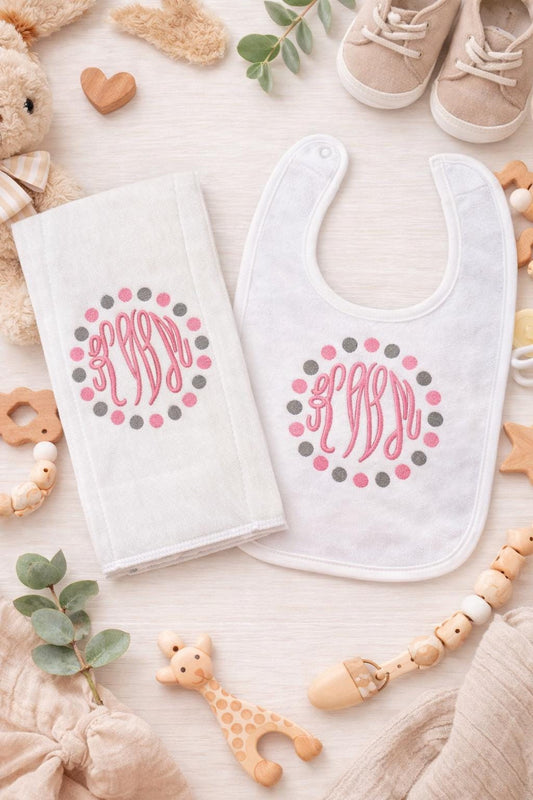 Embroidered Monogram Baby Bib and Burp Cloth Set, Personalized Gift